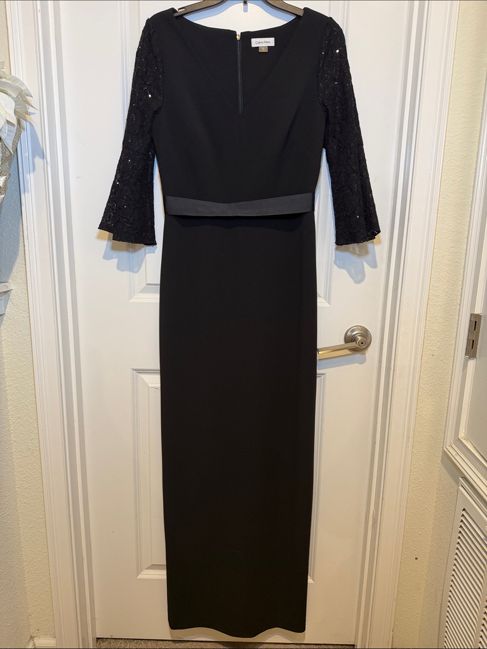 Calvin Klein Black Long Dress with Lace Sleeves